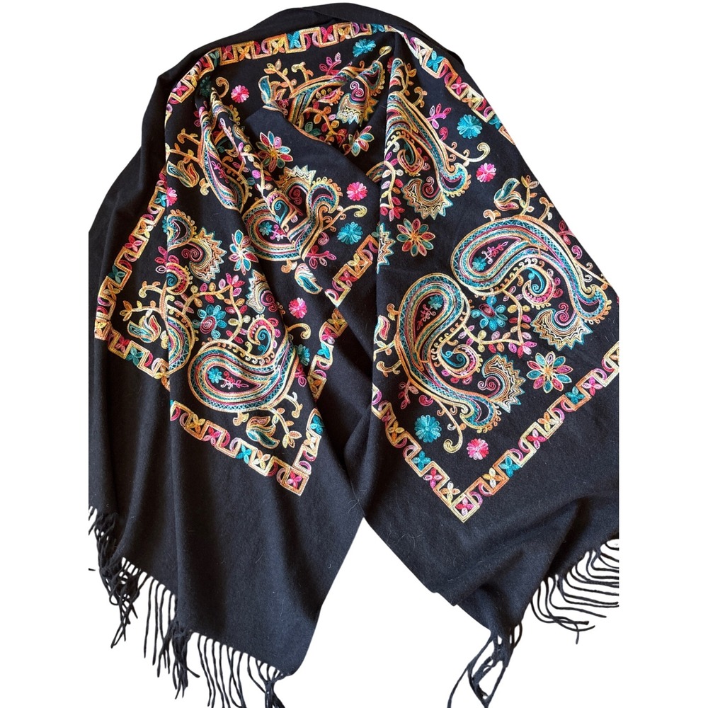 La Seine Black Multi Paisley Embroidered Fringe Shawl Wrap Scarf Boho